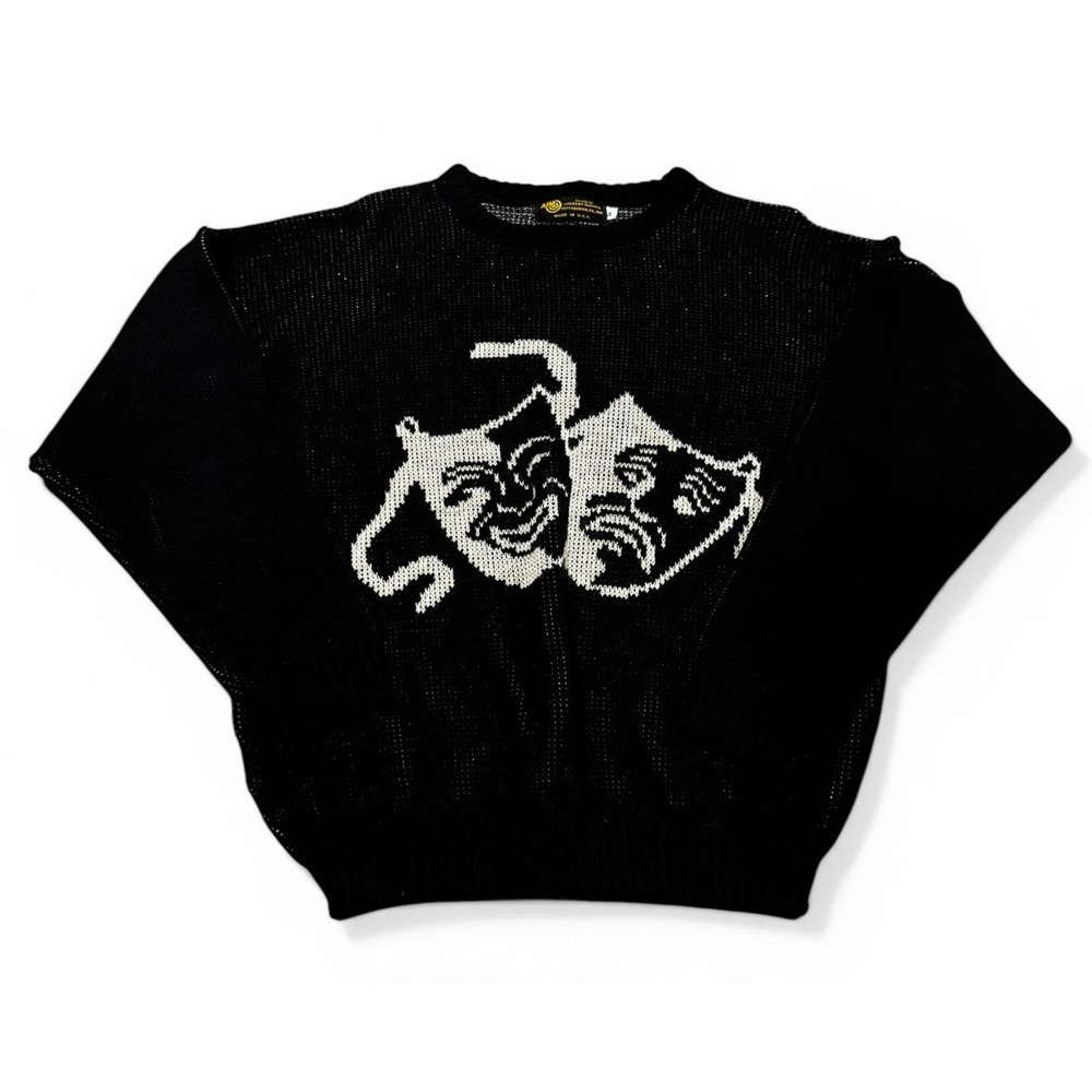 Vintage Albert Elovitz 1987 Sweater M Black Theater Mask Metallic USA